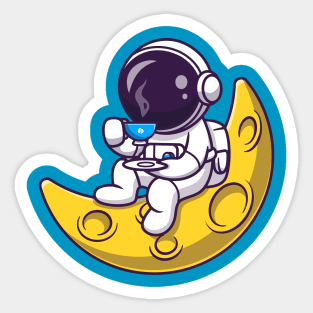 Cute Astronaut Drinking Coffee On The Moon Cartoon Sticker